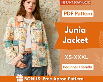 May include: A quilted jacket featuring a patchwork design of floral and geometric patterns in orange, green, and white. The text on the image reads: PDF Pattern, Junia Jacket, XS-XXXL, Beginner Friendly, BONUS: Free Apron Pattern, INSTANT DOWNLOAD.