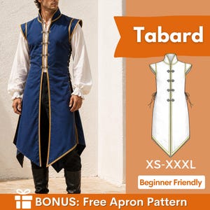 May include: A dark blue sleeveless tabard with gold trim, a high collar, and four front toggle closures. The garment features side lacing and a pointed hem. The image includes the text Tabard, XS-XXXL, Beginner Friendly, and BONUS: Free Apron Pattern.
