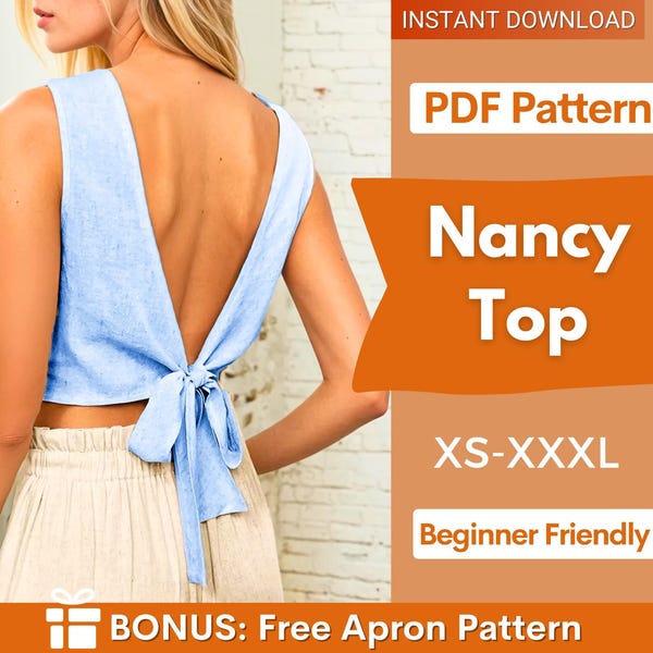 Top Sewing Pattern, Women Pattern, Back Tie Top Pattern, Sewing Patterns for Women, Summer Top, Sewing Pattern Top Women, Tie Top Pattern