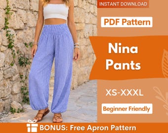 Wykrój na spodnie haremki Nina | XS-XXXL | Wykrój na spodnie haremki | Wykrój na spodnie z wysokim stanem | Wykrój na spodnie damskie | Wykrój dla początkujących