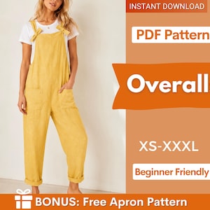 Può includere: Una salopette gialla con spalline da annodare e due tasche frontali, indossata sopra una t-shirt bianca. L'immagine include il testo: INSTANT DOWNLOAD, PDF Pattern, Overalls, XS-XXXL, Beginner Friendly e BONUS: Free Apron Pattern.