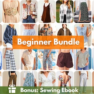 May include: A collection of various clothing items including dresses, skirts, trousers, shirts, and jackets displayed in a grid format with the text Beginner Bundle and Bonus: Sewing Ebook overlaid on the image in orange and green banners.