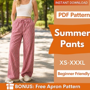 Puede incluir: Pantalones de verano a cuadros rojos y blancos con cintura con cordón. La imagen también incluye el texto "Summer Pants", "XS-XXXL" y "Beginner Friendly". La imagen es un patrón PDF de descarga instantánea.