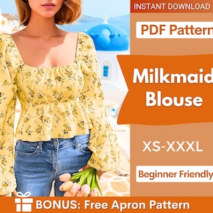Milkmaid Blouse Pattern, Puff Sleeve Sewing, Milkmaid Top Pattern, Cottagecore Top, Cottagecore Pattern,  Sewing pattern Top, Women top