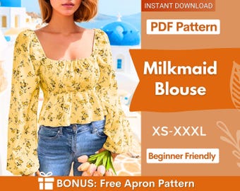 Milkmaid Blouse Pattern, Puff Sleeve Sewing, Milkmaid Top Pattern, Cottagecore Top, Cottagecore Pattern,  Sewing pattern Top, Women top