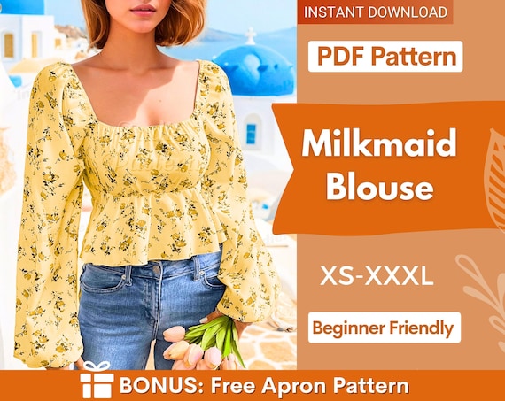 Milkmaid Blouse Pattern, Puff Sleeve Sewing, Milkmaid Top Pattern, Cottagecore Top, Cottagecore Pattern,  Sewing pattern Top, Women top