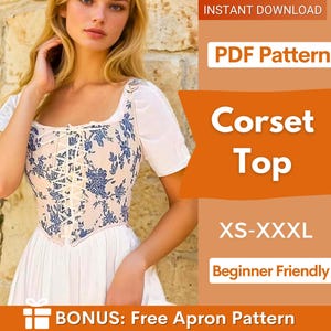 Könnte beinhalten: Ein Korsettoberteil mit weißer Basis und blauem Blumenmuster, ausgestattet mit einer Schnürung vorne und kurzen Ärmeln. Das Bild enthält den Text: INSTANT DOWNLOAD, PDF Pattern, Corset Top, XS-XXXL, Beginner Friendly, BONUS: Free Apron Pattern.