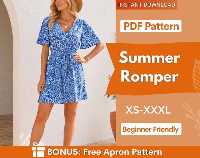 May include: A blue floral print summer romper with a V-neck and tie waist. The image includes text that says "Summer Romper", "PDF Pattern", and "XS-XXXL". The design is "Beginner Friendly".