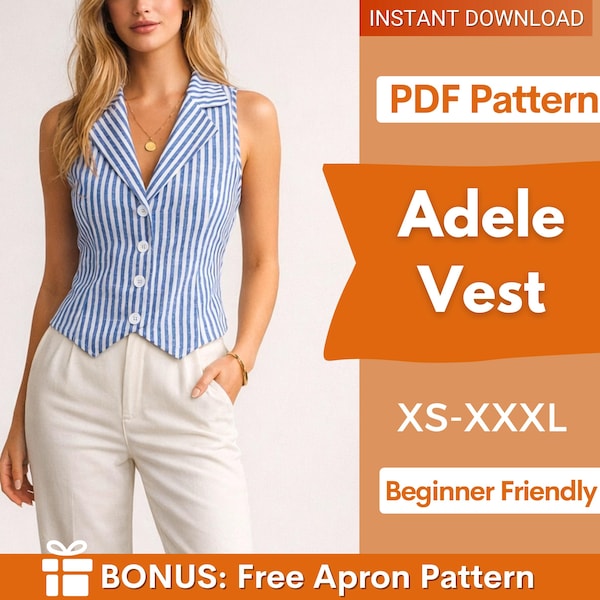 Adele Vest Sewing Pattern, Waistcoat Pattern, Women Vest Sewing Pattern, Blazer Women, Trendy Vest, Vest with Collar Pattern