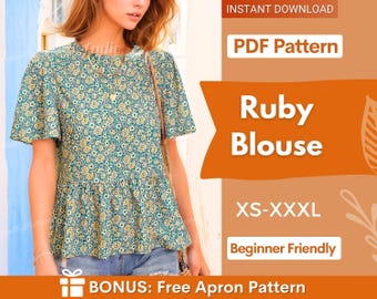 Blouse Sewing Pattern | Top Pattern | Women Sewing Pattern | Easy Blouse Pattern | Beginner Sewing Pattern | Peplum Blouse Top Women