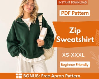 Zip Sweater Sewing Pattern | Zipper Sweater | Zip up sweater | Sweater Pattern | Womens Pattern | Sewing Patterns | Women Sweatshirt