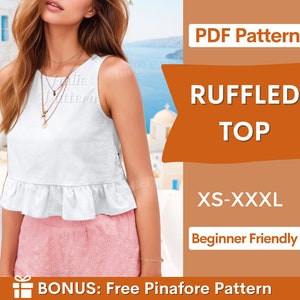 Ruffled Crop Top Sewing Pattern for Women PDF XS-XXXL Women Top Pattern Sleeveless Top Women Sewing Pattern Tank Top Pattern image 1