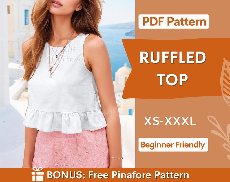 Ruffled Crop Top Sewing Pattern for Women PDF XS-XXXL Women Top Pattern Sleeveless Top Women Sewing Pattern Tank Top Pattern image 1