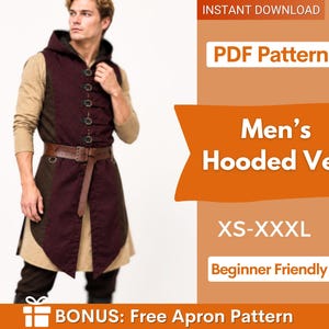 Pode incluir: Um colete com capuz apresentando um painel frontal bordô escuro com uma fileira vertical de fechos metálicos circulares, painéis laterais castanho-escuros e um cinto de couro castanho. Texto: INSTANT DOWNLOAD, PDF Pattern, Men's Hooded Vest, XS-XXXL, Beginner Friendly, BONUS: Free Apron Pattern.