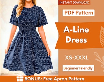 May include: A navy blue A-line dress with a white polka dot pattern, featuring short flutter sleeves and a smocked waist. The text on the image reads: INSTANT DOWNLOAD, PDF Pattern, A-Line Dress, XS-XXXL, Beginner Friendly, BONUS: Free Apron Pattern.