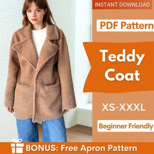 May include: A tan teddy coat with a classic lapel collar and two front pockets. The image also includes text that says "Teddy Coat" and "XS-XXXL". The coat is shown on a person wearing blue jeans.