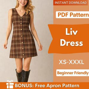 Può includere: Un abito a quadri marrone con scollo a V e bottoni sul davanti. L'abito è senza maniche e arriva a metà coscia. L'immagine include anche il testo "Liv Dress" e "XS-XXXL".