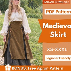 May include: A PDF pattern for a medieval skirt in sizes XS-XXXL. The image shows a brown skirt with side lacing and buttons over a dark striped underskirt, paired with a cream blouse. Text includes INSTANT DOWNLOAD, PDF Pattern, Medieval Skirt, and BONUS: Free Apron Pattern.