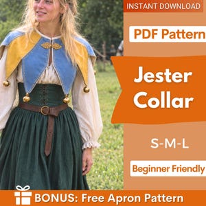 May include: A jester collar PDF pattern featuring blue and yellow fabric panels with gold bells. The text reads: INSTANT DOWNLOAD, PDF Pattern, Jester Collar, S-M-L, Beginner Friendly, BONUS: Free Apron Pattern. The collar is worn over a white blouse.