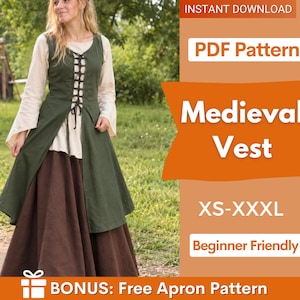 May include: A PDF pattern for a sleeveless olive green vest with a front lace-up closure, worn over a cream-colored long-sleeve shirt and a brown skirt. The text reads: INSTANT DOWNLOAD, PDF Pattern, Medieval Vest, XS-XXXL, Beginner Friendly, BONUS: Free Apron Pattern.