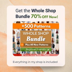The image is an advertisement for a sewing and crafting store that offers a bundle of various patterns and resources, including a sewing book and a planner.