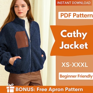 Könnte beinhalten: Eine marineblaue Fleecejacke mit einer braunen Tasche und einem Reißverschluss. Die Jacke ist Teil eines PDF-Musters namens "Cathy Jacket" und ist in den Größen XS-XXXL erhältlich. Das Muster ist für Anfänger geeignet und enthält ein kostenloses Schürzenmuster als Bonus.