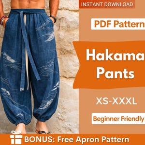 May include: Indigo Hakama trousers with a white wave design and a matching belt. The trousers have a loose fit and a drawstring waist. The image also includes text that says "Hakama Pants" and "XS-XXXL".