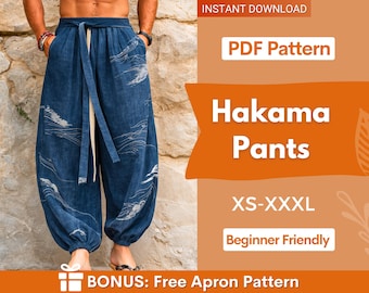 Wykrój na spodnie hakama dla mężczyzn | Wykrój na spodnie japońskie | Wykrój na spodnie dresowe dla mężczyzn | Wykrój do szycia dla mężczyzn | Spodnie balonowe dla mężczyzn