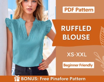 Blouse Sewing Pattern, XS- XXL, Top Blouse Pattern PDF, Ruffled Blouse Pattern, Easy Pattern, Top sewing pattern, woman blouse pattern easy