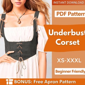 Może przedstawiać: Ciemnoszary gorset podbiustowy z wiązaniem z przodu i ramiączkami zawiązywanymi na cienkie sznurki. Obraz zawiera tekst: INSTANT DOWNLOAD, PDF Pattern, Underbust Corset, XS-XXXL, Beginner Friendly oraz BONUS: Free Apron Pattern.