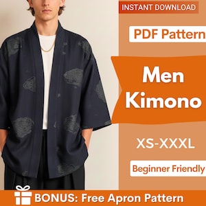 May include: Navy blue kimono with a cloud pattern. The image includes text that says "Men Kimono" and "XS-XXXL". The kimono is a PDF pattern and is beginner friendly. Bonus: Free Apron Pattern.