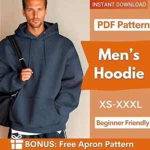 Op de afbeelding: Een donkerblauwe hoodie met een kangoeroezak aan de voorzijde en bijpassende trekkoorden. De afbeelding bevat de tekst: INSTANT DOWNLOAD, PDF Pattern, Men's Hoodie, XS-XXXL, Beginner Friendly en BONUS: Free Apron Pattern.