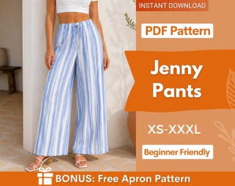 Jenny Pants Sewing Pattern | Wide Leg Pants, Palazzo Pants Sewing Pattern, Elastic Waistband Wide Leg Pants Pants, Beginner Sewing Pattern
