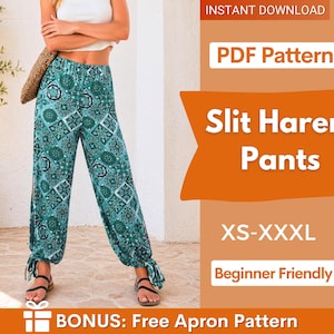 Puede incluir: Pantalones harén con abertura estampados en verde azulado y blanco, con cintura elástica y lazos en los tobillos. La imagen también incluye el texto "Slit Harem Pants", "XS-XXXL" y "Beginner Friendly".