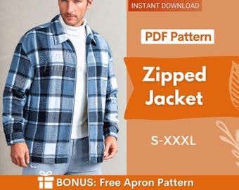 May include: A blue, white, and black plaid zipped jacket with a collar and long sleeves. The image includes text that reads: INSTANT DOWNLOAD, PDF Pattern, Zipped Jacket, S-XXXL, and BONUS: Free Apron Pattern.