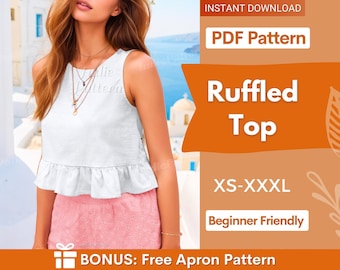 Patrón de costura de top corto con volantes para mujer en PDF / XS-XXXL / Patrón de top para mujer / Top sin mangas / Patrón de costura para mujer / Patrón de top de tirantes