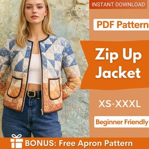 Könnte beinhalten: Eine gesteppte Reißverschlussjacke mit geometrischem Dreiecksmuster in Blau-, Creme- und Orangetönen, zwei Vordertaschen und dunkler Einfassung. Der Text lautet: INSTANT DOWNLOAD, PDF Pattern, Zip Up Jacket, XS-XXXL, Beginner Friendly, BONUS: Free Apron Pattern.