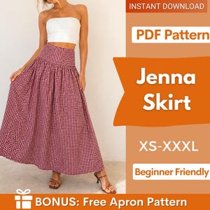 May include: A long, flowing skirt in a red and white gingham pattern. The skirt has a high waist and is labelled as the "Jenna Skirt". The pattern is available in sizes XS-XXXL and is described as "Beginner Friendly". Includes a bonus free apron pattern.