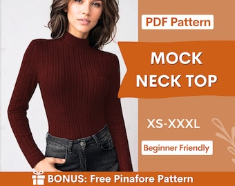 Mock nek top naaipatroon | Patroon shirt met lange mouwen | Dames top met opstaande hals | Naaipatronen | Patronen voor vrouwen | Getailleerd toppatroon
