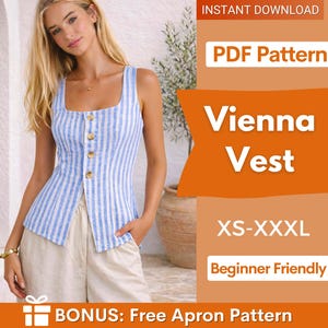 May include: A blue and white striped vest with wooden buttons. The image also includes text that reads "Vienna Vest", "XS-XXXL", and "Beginner Friendly". The image is a PDF pattern download.