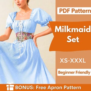 Melkmeisjesjurk en korsetpatronen | Naaipatroon jurk | Patroon Cottagecore-jurk | Patroon korsetjurk | Korsetpatroon | Maxi-jurk afbeelding 1