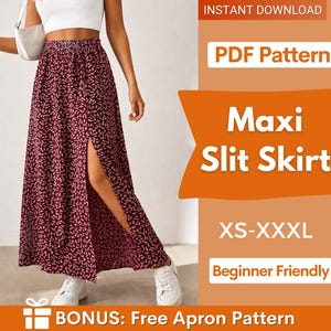 Puede incluir: Una falda larga con abertura maxi burdeos con estampado floral. La falda tiene cintura alta y abertura delantera. La imagen incluye texto: "Maxi Slit Skirt", "XS-XXXL" y "Beginner Friendly".
