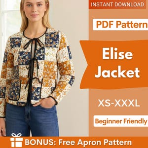 May include: A quilted jacket with a patchwork design in shades of navy, mustard, and cream. The jacket features a black trim, a tie closure, and two front pockets. The image also includes the text "Elise Jacket" and "XS-XXXL".