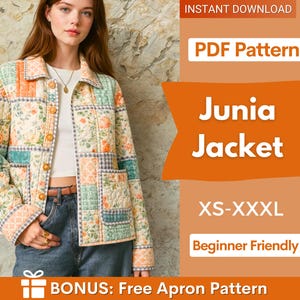 May include: A patchwork Junia Jacket in a variety of colors, including orange, green, and blue. The jacket has a floral pattern and is buttoned up. The image also includes the text "PDF Pattern", "Junia Jacket", "XS-XXXL", and "Beginner Friendly".