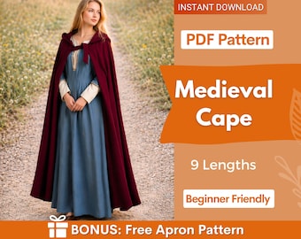 Schnittmuster für Umhang mit 9 Längen, Umhang-Schnittmuster, Elfen-Umhang, märchenhaftes Gewand, Mittelalter-Kleid, Kapuzen-Umhang, Umhang mit Kapuze, langes Cape