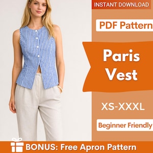 Puede incluir: Un chaleco sin mangas a rayas azules y blancas con botones blancos, combinado con pantalones de color claro. La imagen incluye el texto "Paris Vest" y "XS-XXXL". La imagen también indica "Beginner Friendly" y "BONUS: Free Apron Pattern".