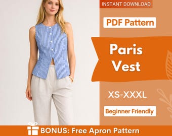 Wzór na kamizelkę paryską, wzór na kamizelkę, wzory do szycia dla kobiet, kamizelka do garnituru, bluzka zapinana na guziki, wzór na top damski, wzór na kamizelkę damską