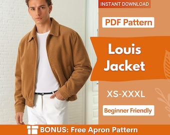 May include: A tan corduroy jacket with a collar and front zipper, worn over a white t-shirt and white trousers. The image includes text: INSTANT DOWNLOAD, PDF Pattern, Louis Jacket, XS-XXXL, Beginner Friendly, and BONUS: Free Apron Pattern.