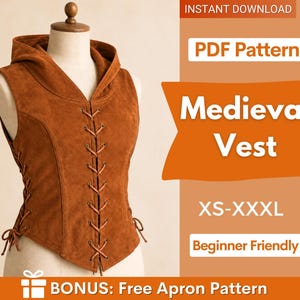 Naaipatroon voor een middeleeuws vest, patroon voor een rangervest, patroon voor een capuchon, kostuumpatroon, middeleeuws patroon, naaipatroon voor een cosplay-korset