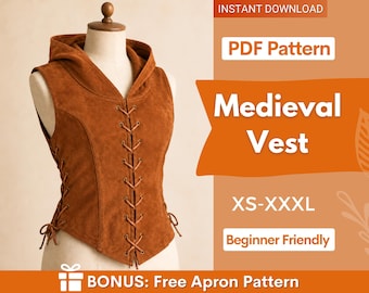 Medieval Vest Sewing Pattern, Ranger Vest Pattern, Hood Pattern, Costume Pattern, Medieval Pattern, Cosplay Corset Sewing Pattern
